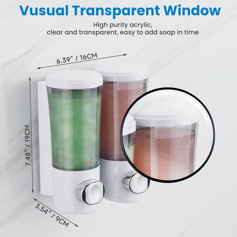 DOLPLEAP Shampoo Conditioner Body Wash Dispenser No Drill Shower Soap Dispenser Wall Mounted Shampoo Dispenser 2 Chamber with Upgrade Pump Head Bathroom Soap Dispenser 450ml/Each White - Image 3